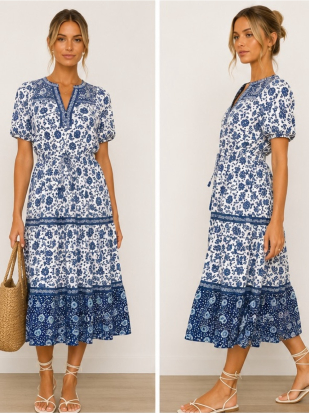 GAP Blue White Boho Floral Midi Dress Cottagecore Prairie Style Size M